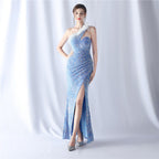 New product craftsmanship order ostrich plush bottom handmade bead high-end shoulder evening dress