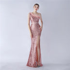 Dress new craft beaded ostrich hair oblique collar shoulder high-end evening dress