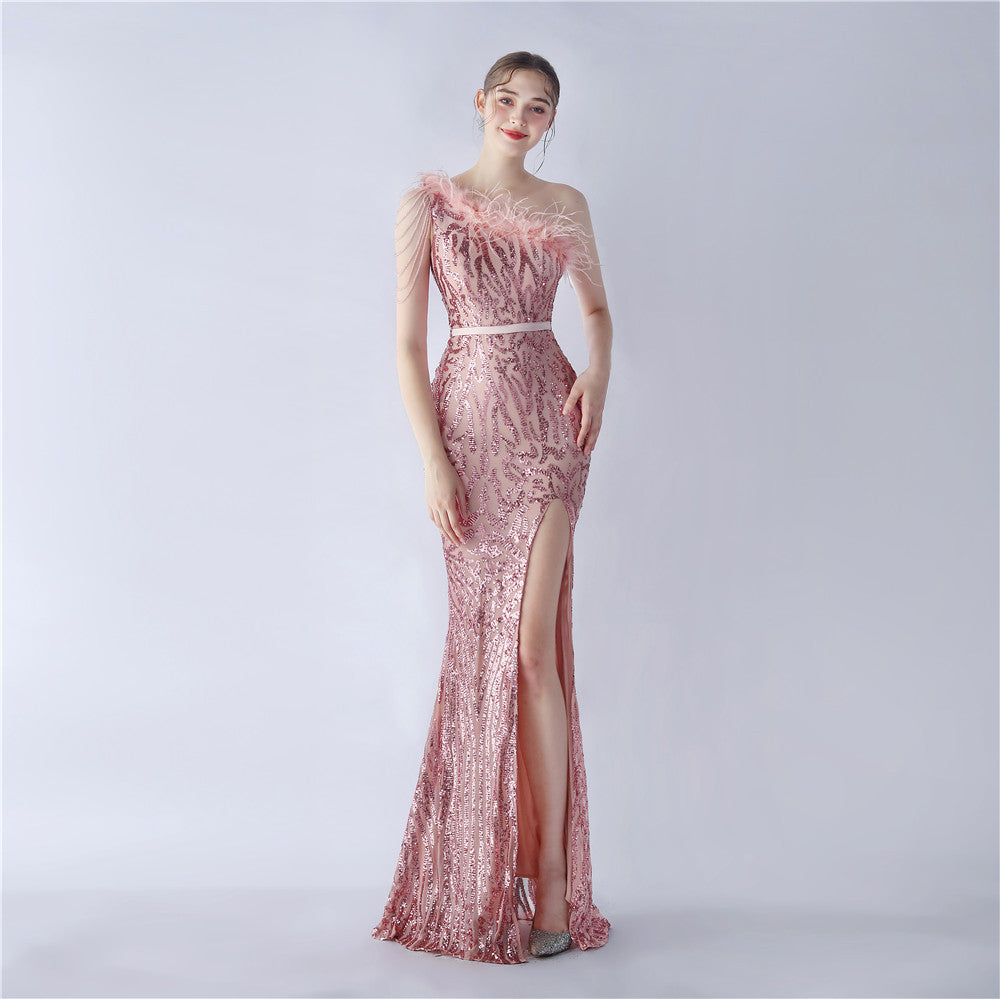 Dress new craft beaded ostrich hair oblique collar shoulder high-end evening dress