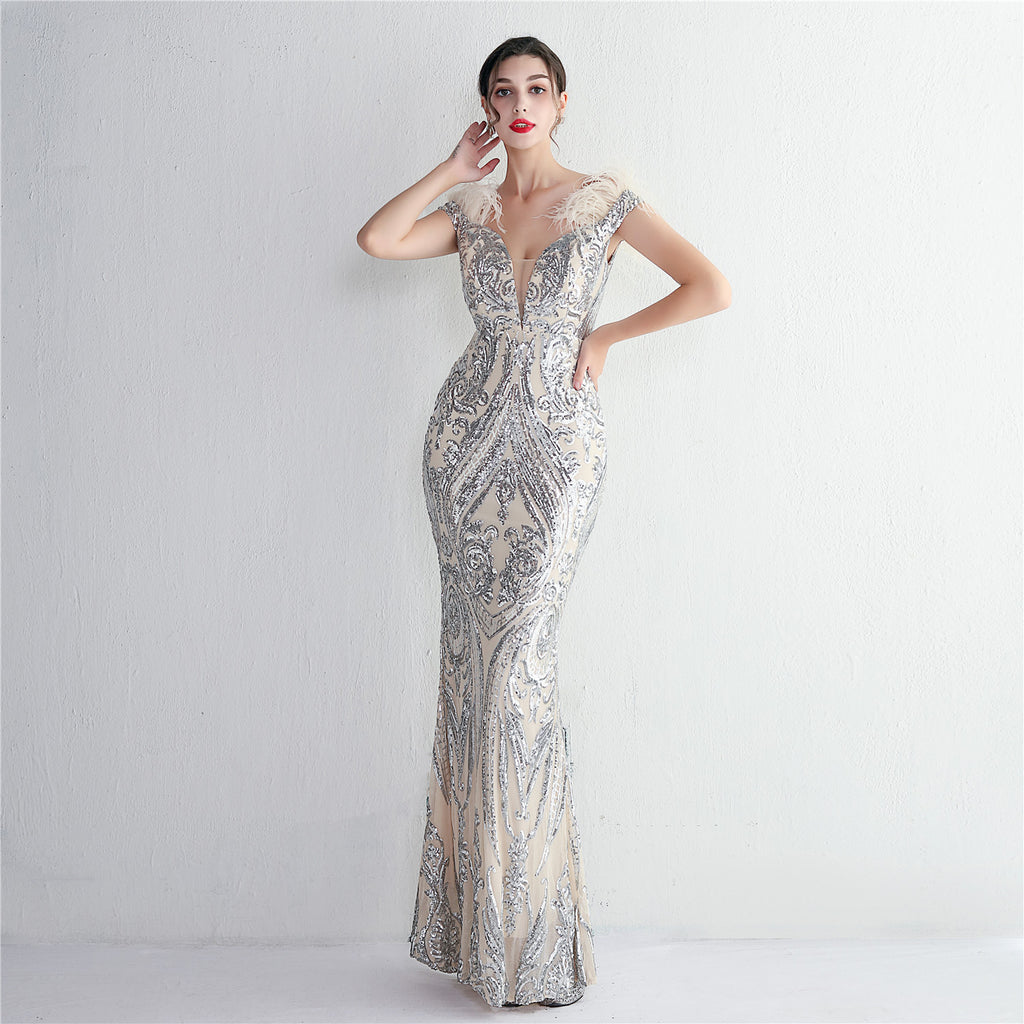 High density three-dimensional strong bead positioning flower craft handmade hair banquet slim sexy evening dress