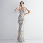 High density three-dimensional strong bead positioning flower craft handmade hair banquet slim sexy evening dress