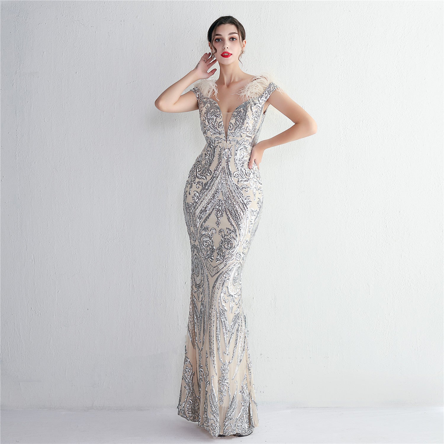 High density three-dimensional strong bead positioning flower craft handmade hair banquet slim sexy evening dress
