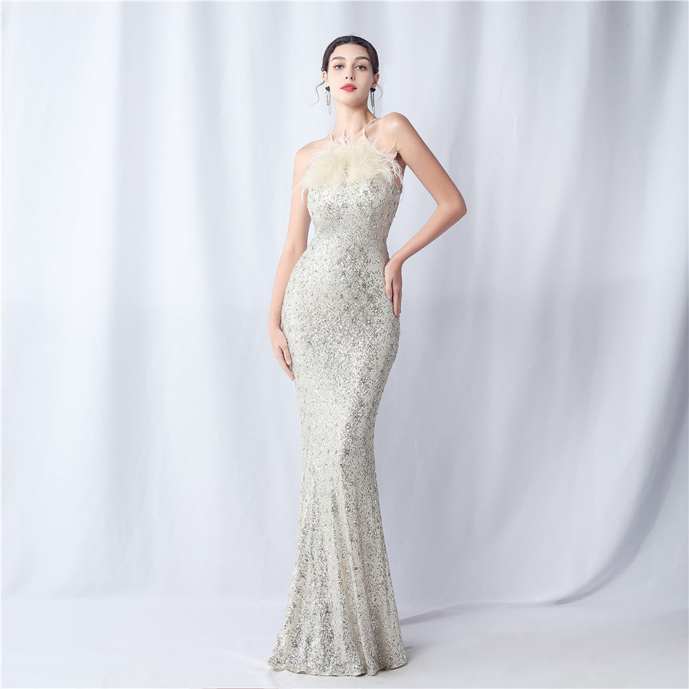 Ostrich hair craft beaded plaid beads dinner party annual meeting evening dress