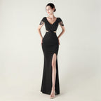 New folding positioning process bead chain shoulder decoration deep V hollow thin banquet evening dress