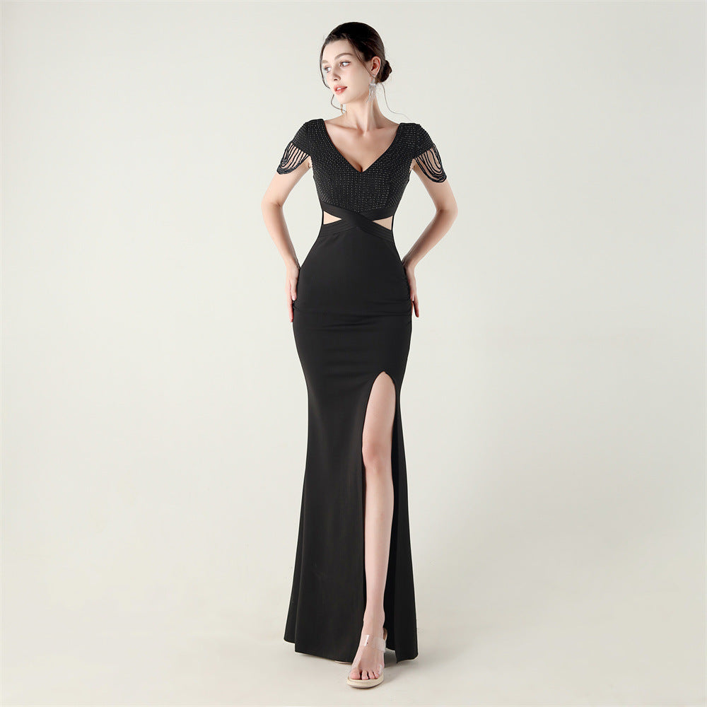 New folding positioning process bead chain shoulder decoration deep V hollow thin banquet evening dress