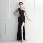 Craft beaded mesh yarn perspective split fork European and American sexy dress long