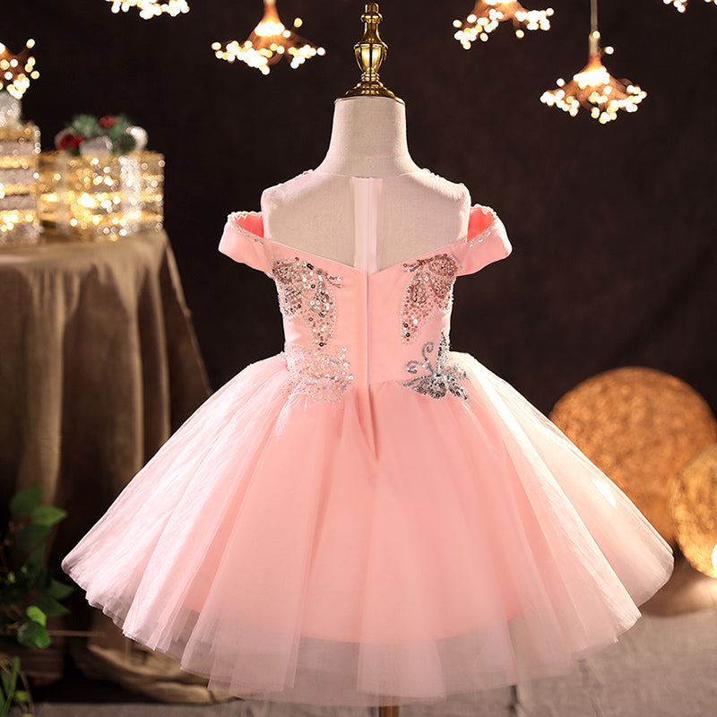 Baby Mädchen Kommunionkleid, rosa Pailletten, Schmetterlingsmuster, flauschiges Prinzessinnenkleid aus Mesh 
