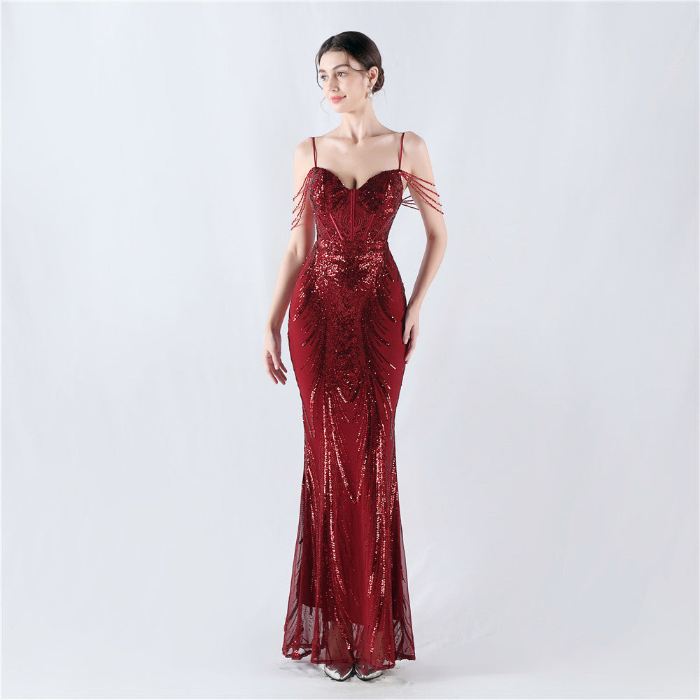New waist fish bone shaping positioning flower beads live streaming host sexy bead suspender evening dress
