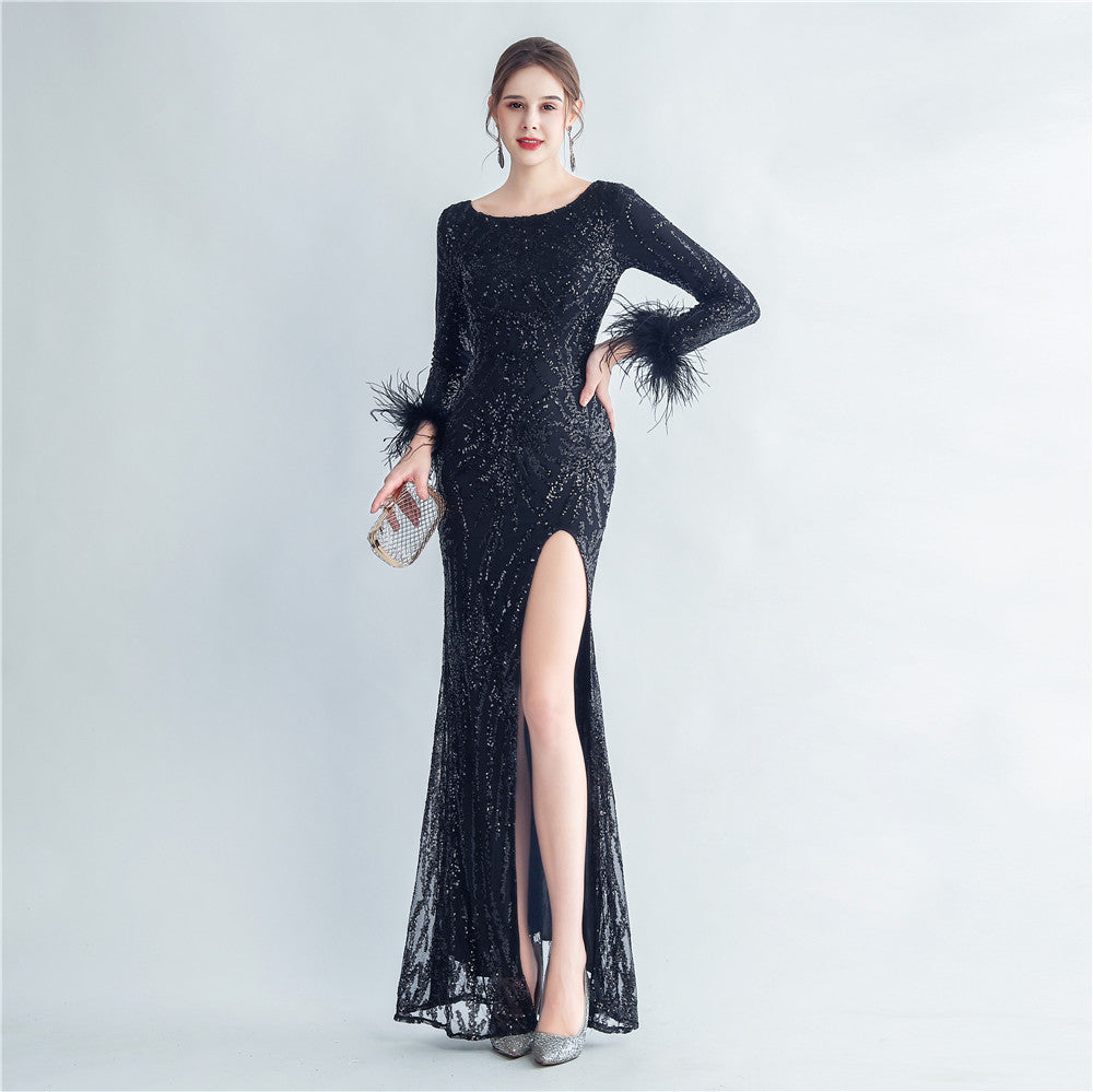 High-density ostrich hair beads long-sleeved fishtail high-end evening dress