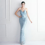 Positioning flower suspender party sequined dress long banquet slim evening dress temperament fishtail skirt