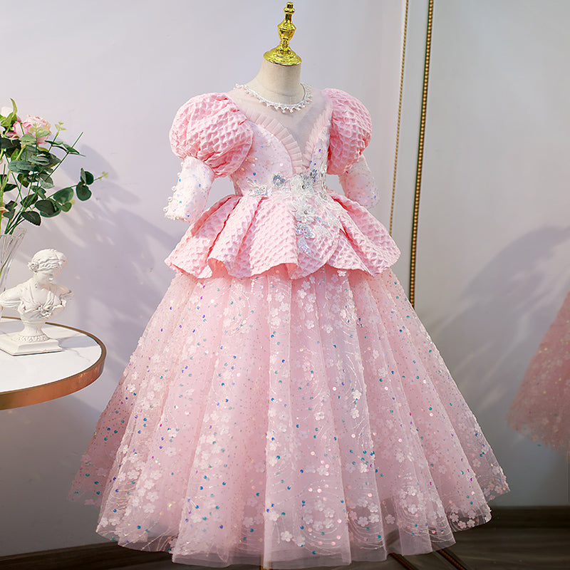 Blumenmädchenkleid für Kinder, Kommunion, Festzug, elegant, süß, Pailletten, rosa, Prinzessinnenkleid 