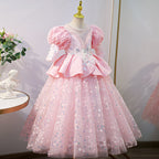 Blumenmädchenkleid für Kinder, Kommunion, Festzug, elegant, süß, Pailletten, rosa, Prinzessinnenkleid 
