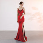 Sling deep V party dress new long sexy slim split performance celebrity evening wear