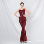 New Craft Ostrich Hair High-end Symphony Bead Evening Dress Banquet Party Dress