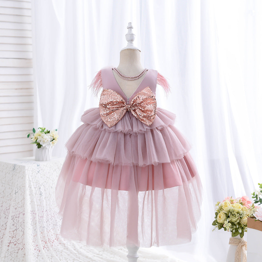 Blumenmädchenkleid für Kleinkinder, Kommunionkleid, Festkleid mit süßer Schleife, Prinzessinnenkleid mit Schleppe, Geburtstagskleid 