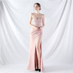 Heavy industry court fishbone vest waist high-end small vertical tail satin evening dress