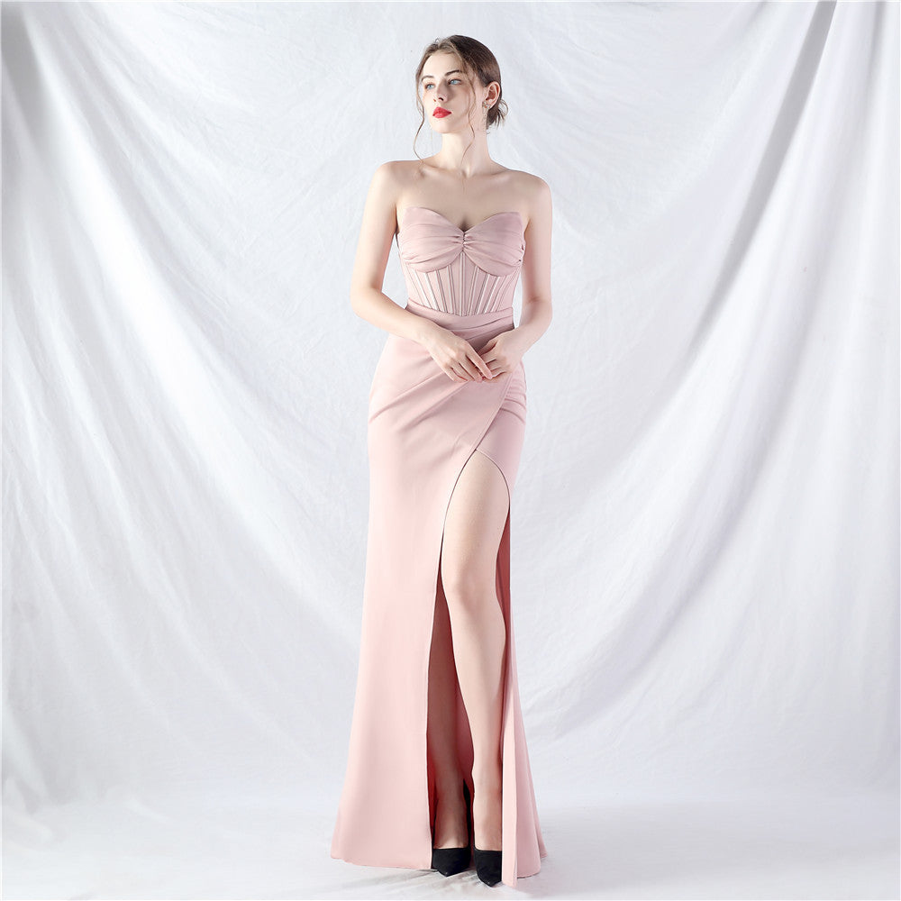 Heavy industry court fishbone vest waist high-end small vertical tail satin evening dress