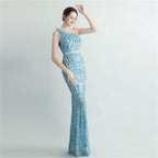 Heavy industry ostrich hair craft bundle hair slant shoulder side split high-end evening dress