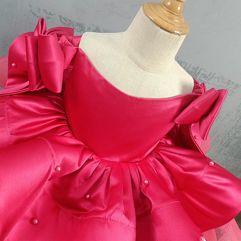 Elegantes rosarotes Kleid mit Schleifenärmeln für kleine Mädchen, Kommunionskleid für Kleinkinder, Prinzessinnenkleid 