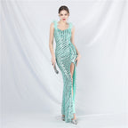 New evening dress craft beaded ostrich hair beads side split evening dress