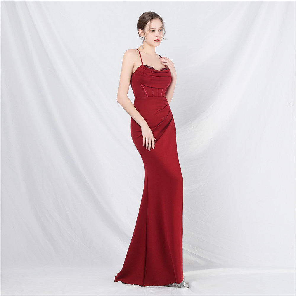 Court fish bone vest waist heavy industry craftsmanship beaded tube top sling high-end evening dress