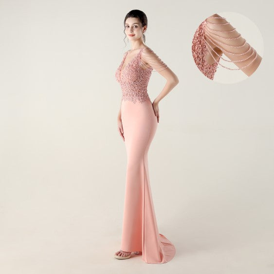 New Bead Lace Bead Embroidery Evening Ceremony, Off-Shoulder Fishtail Dress, Red Carpet Wedding Banquet Dress