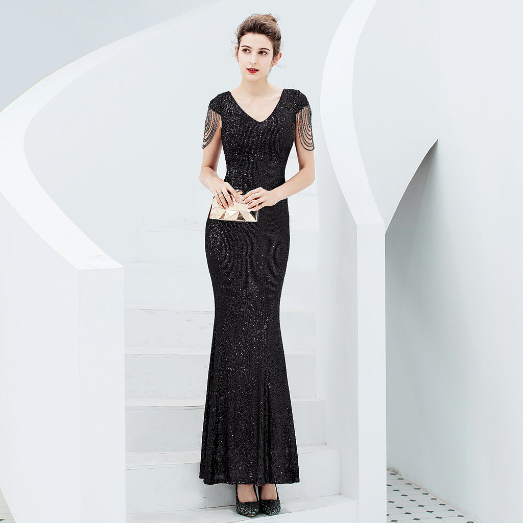 Evening dress women's new banquet temperament elegant long sequined aura queen fishtail thin