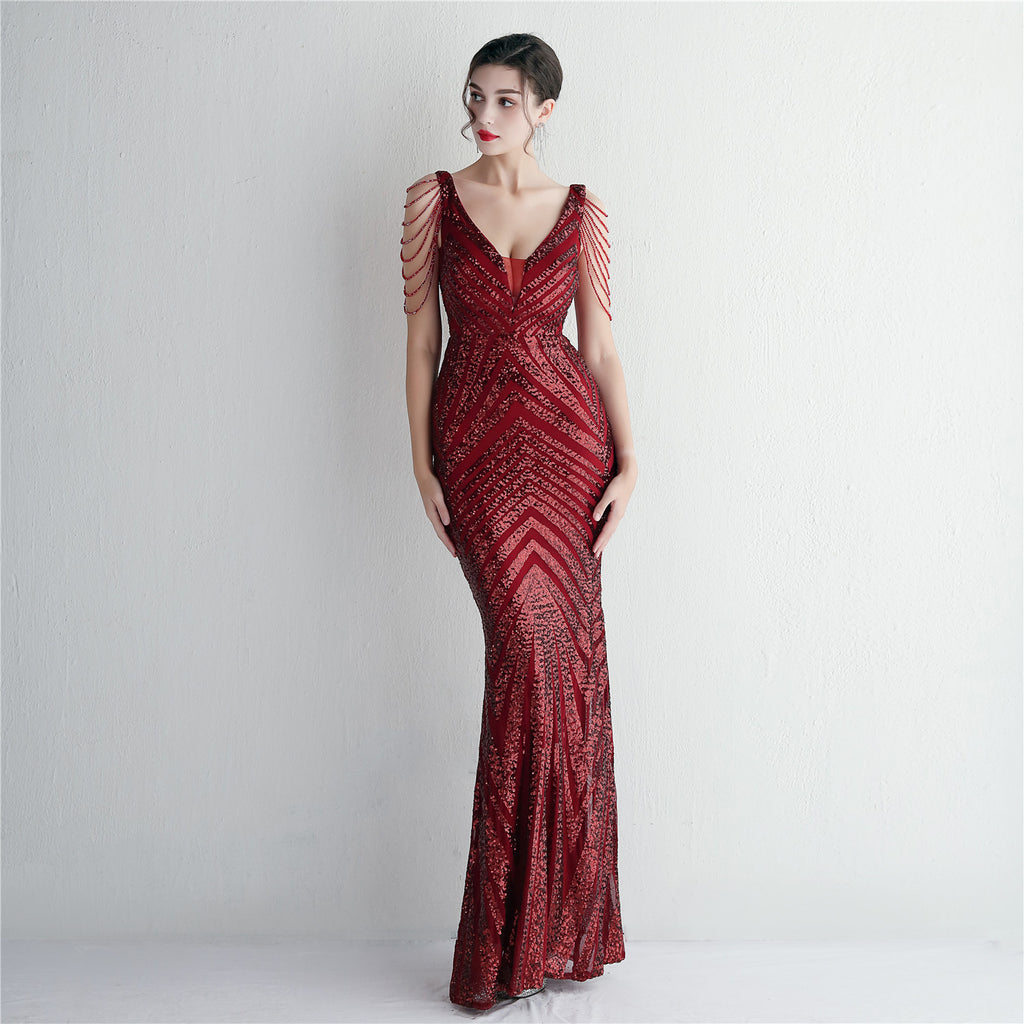 Positioning flower beaded evening dress long banquet slim evening dress temperament elegant long sequins