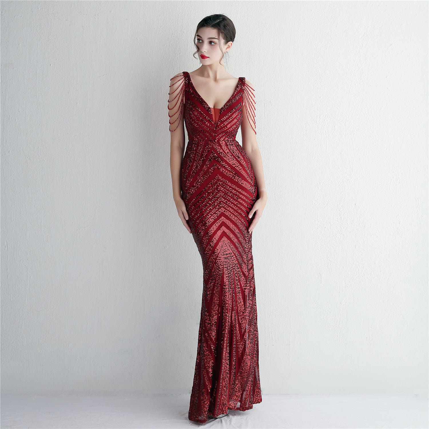 Positioning flower beaded evening dress long banquet slim evening dress temperament elegant long sequins