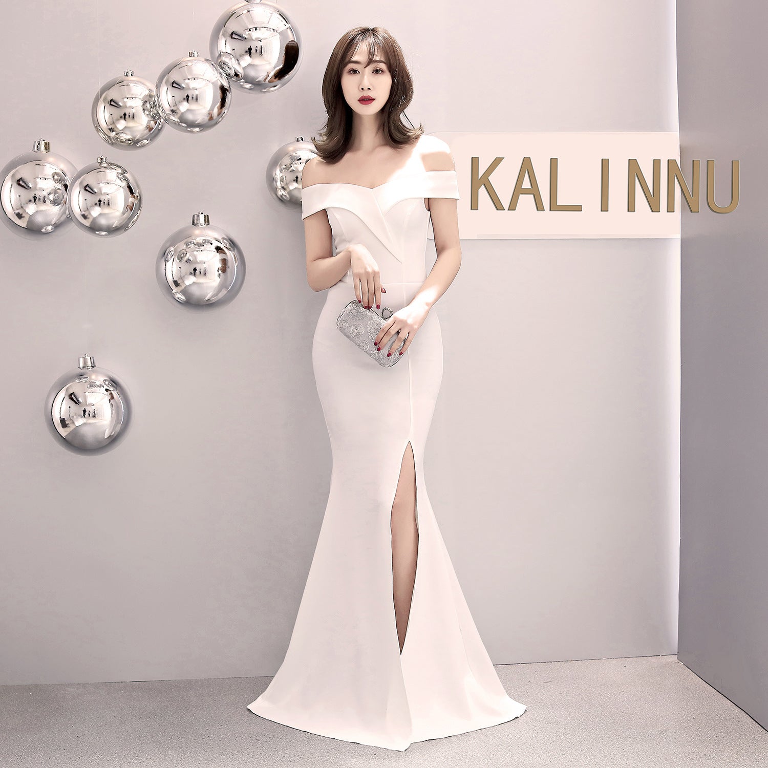 Banquet evening dress new elegant long one-word shoulder fishtail host dress long dress