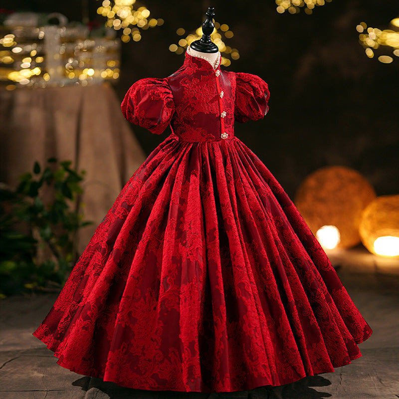 Mädchen Weihnachtskleid Mädchen Kommunionkleid Baby Mädchen Rot Festliches Kleid mit Puffärmeln und weitem Rock 