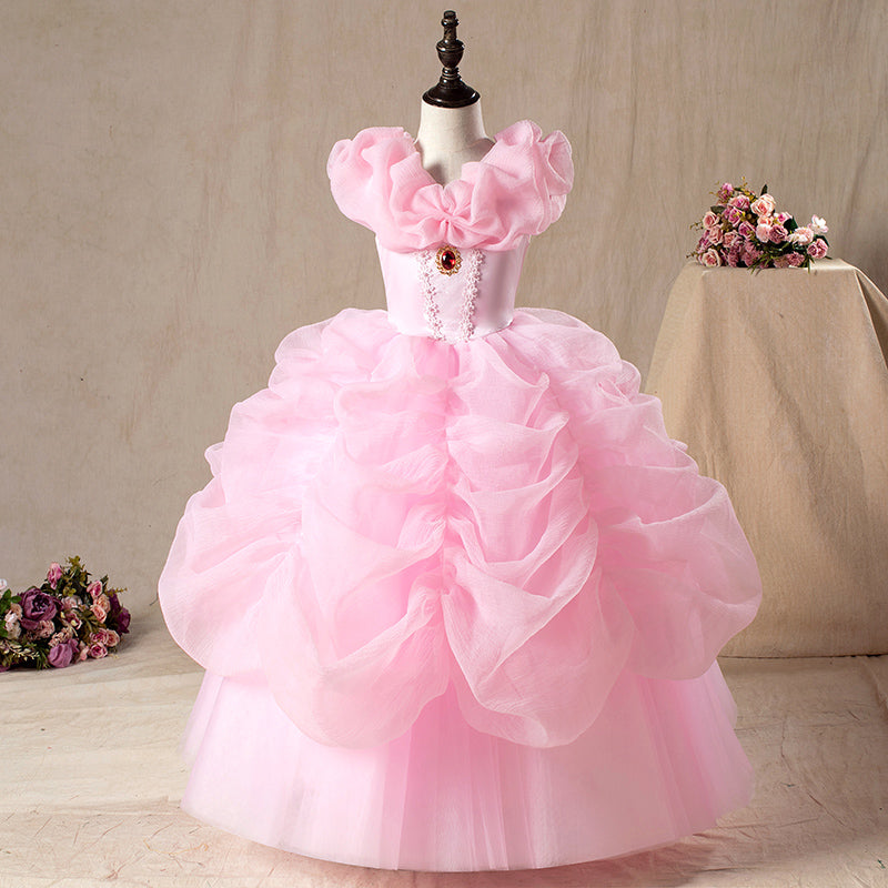 Vestido de primera comunión para niña, formal, rosa, elegante, con flores esponjosas, para fiesta de cumpleaños 