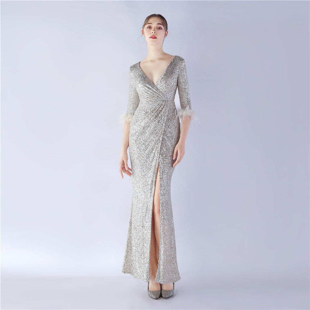 Craft ostrich sequin long-sleeved evening dress