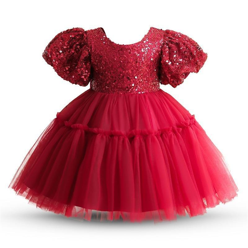 Vestido de primera comunión con panel de lentejuelas y malla para novia. 