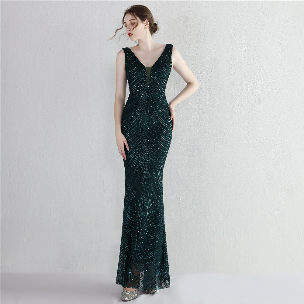 New sequined fishtail long dress performance event banquet car model etiquette evening dress