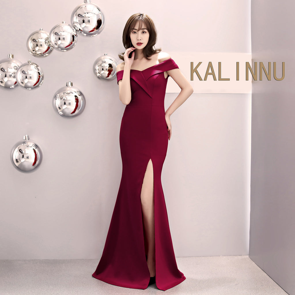 Banquet evening dress new elegant long one-word shoulder fishtail host dress long dress