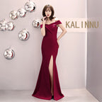 Banquet evening dress new elegant long one-word shoulder fishtail host dress long dress