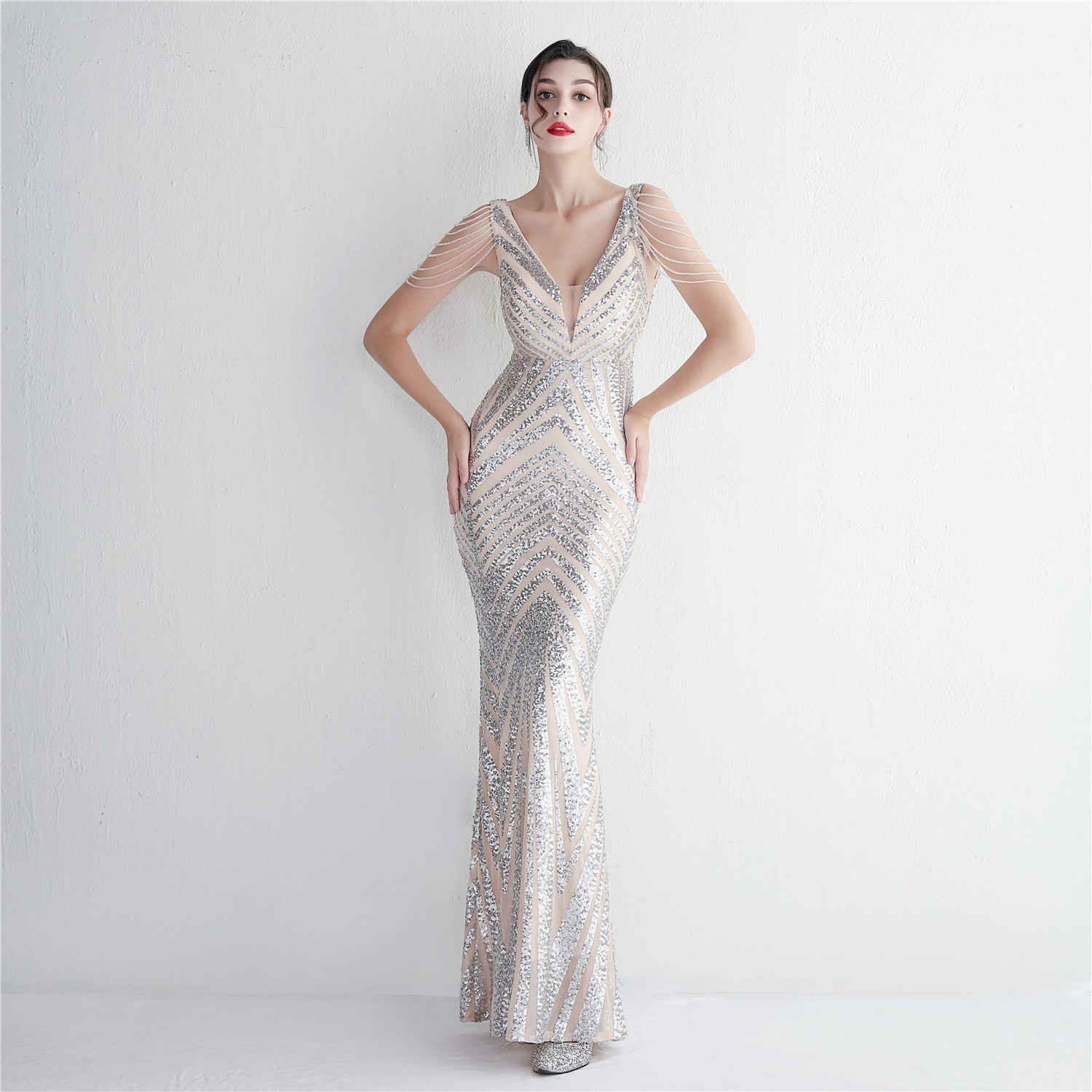 Positioning flower beaded evening dress long banquet slim evening dress temperament elegant long sequins