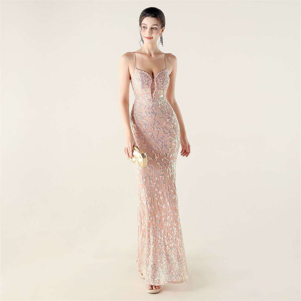 New Bead Embroidery Sequins Waist Strap Deep V Heart Suspender Evening Dress, Banquet Party