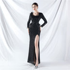 New craft ostrich hair long-sleeved bead evening dress