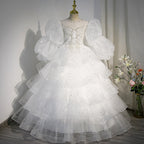 Vestido de primera comunión para niña, blanco, con vuelo, para desfile de belleza, princesa, para bautizo. 
