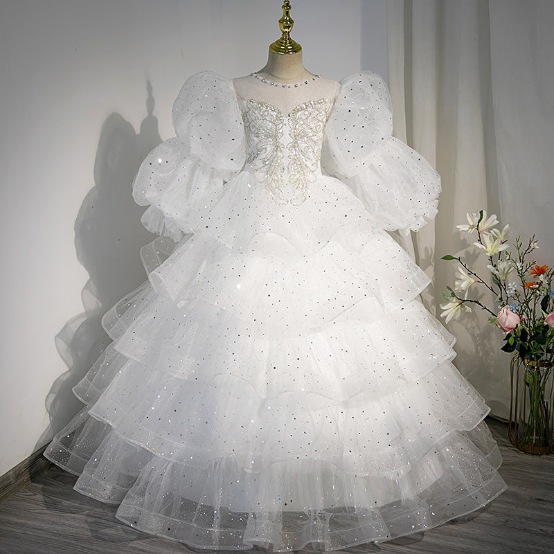 Vestido de primera comunión para niña, blanco, con vuelo, para desfile de belleza, princesa, para bautizo. 