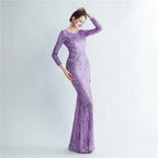 New sequined long-sleeved test split high-end evening dress