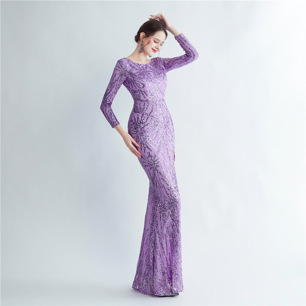 New sequined long-sleeved test split high-end evening dress