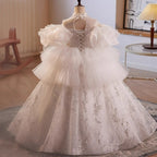 Elegante vestido de princesa de malla abullonada con estampado blanco para niñas pequeñas, vestido largo de primera comunión 