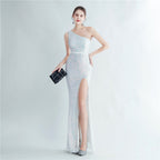 Positioning flower beads single shoulder diagonal collar side split fork long evening dress