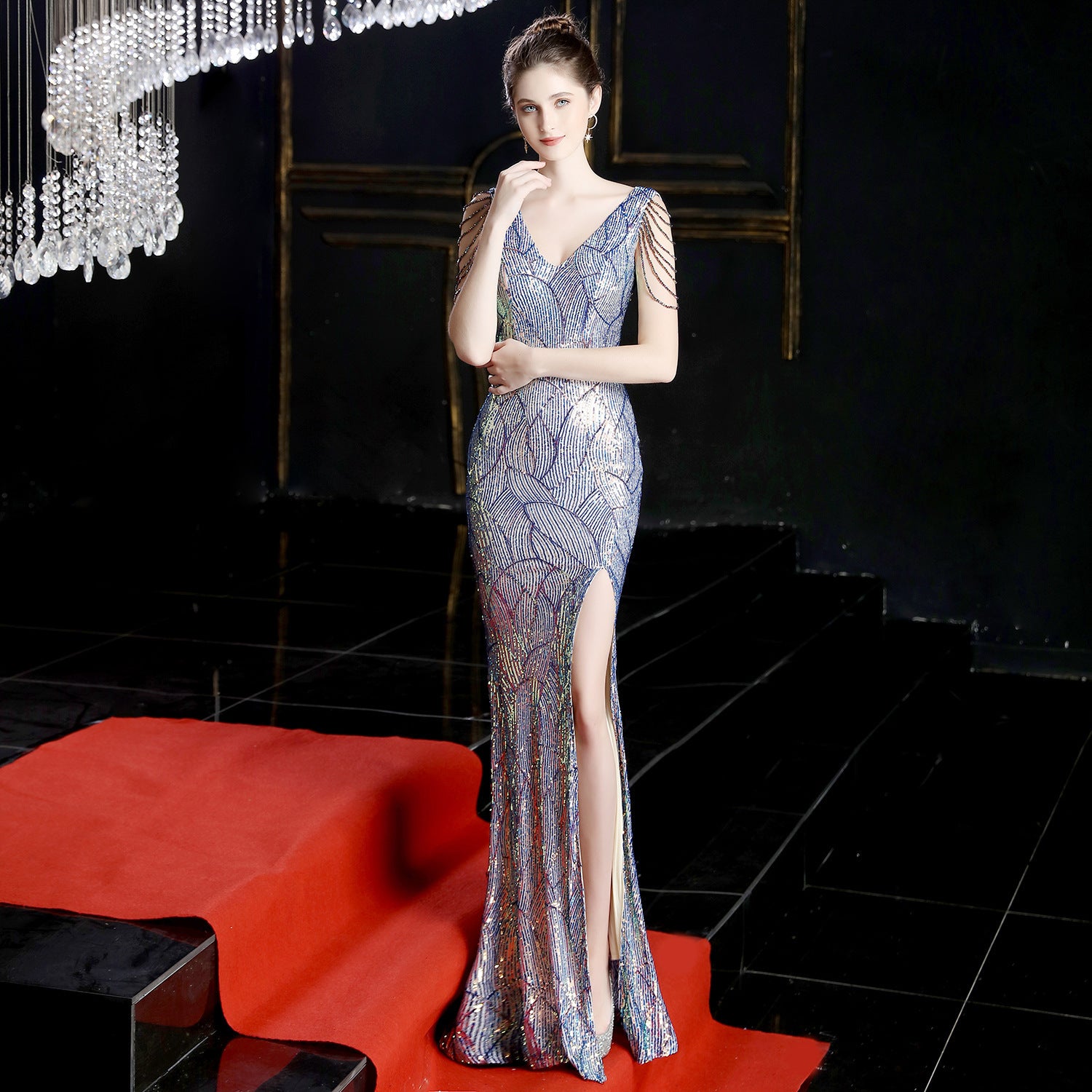 Sequins Party Dress Long Banquet Slim Fit Fishtail Elegant Celebrity Party Annual Meeting Host