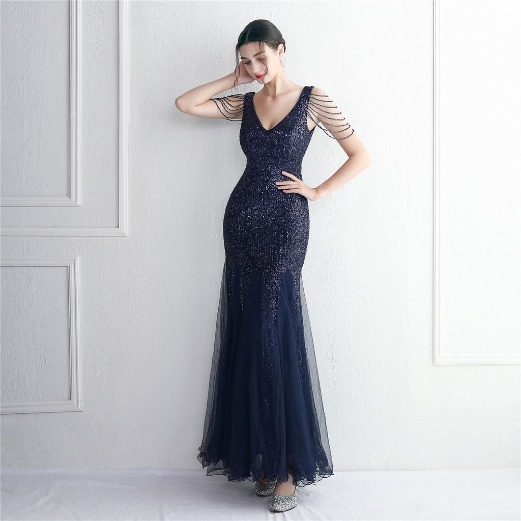 Bead mesh yarn craft bead ordering evening dress long style banquet slim evening dress temperament elegant long style