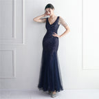 Bead mesh yarn craft bead ordering evening dress long style banquet slim evening dress temperament elegant long style