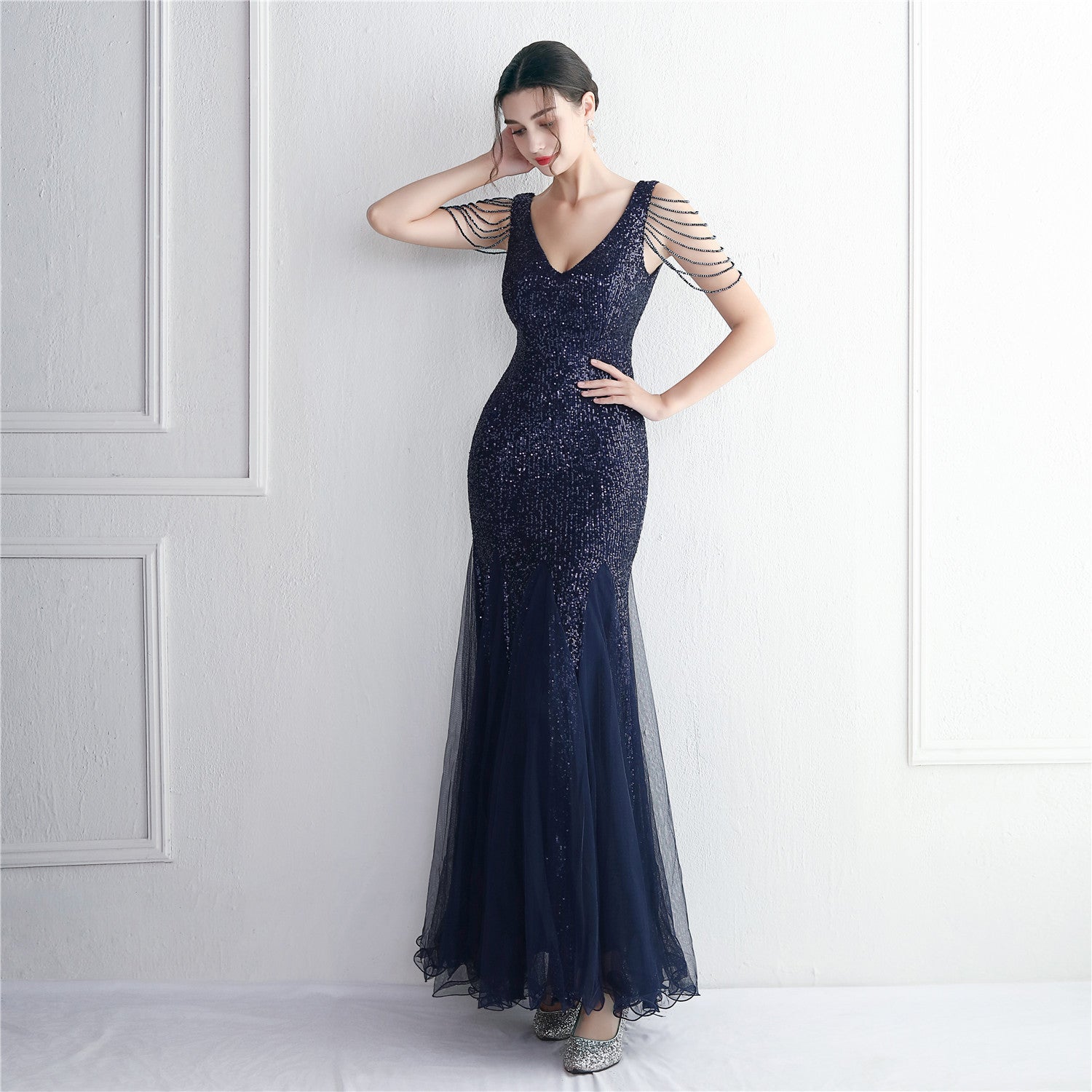 Bead mesh yarn craft bead ordering evening dress long style banquet slim evening dress temperament elegant long style